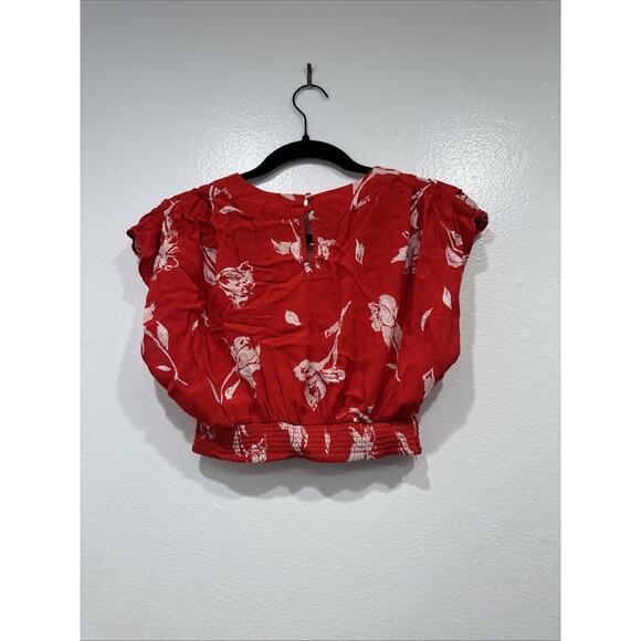 FREE PEOPLE ASO Nile River Red Floral Crop Top Women’s Size XS V Neck Shirred - Picture 2 of 7